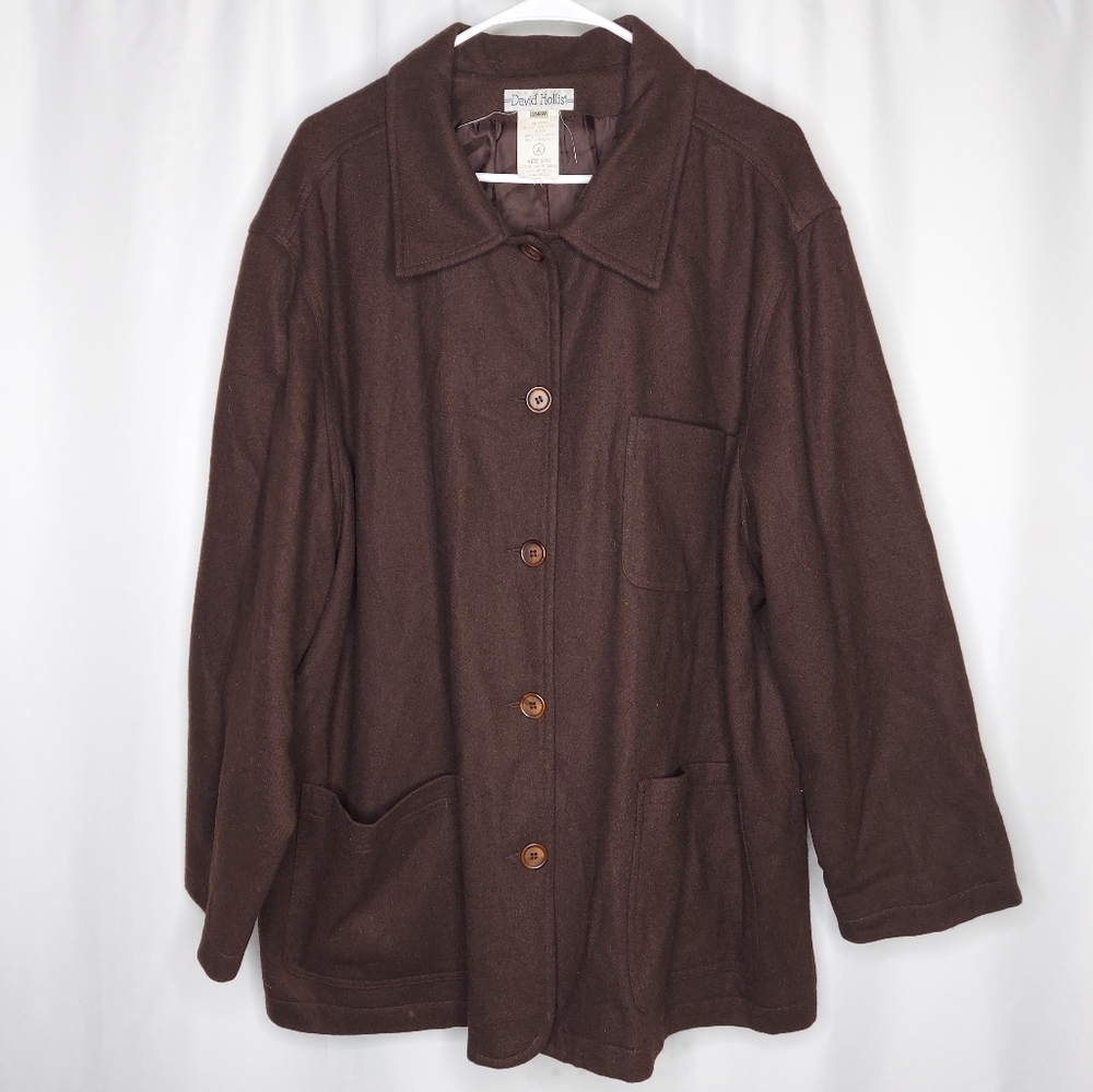 Vtg 100% Wool Button Shirt 24W Brown Button Collar Pocket Shacket‎ 90s Hollis
